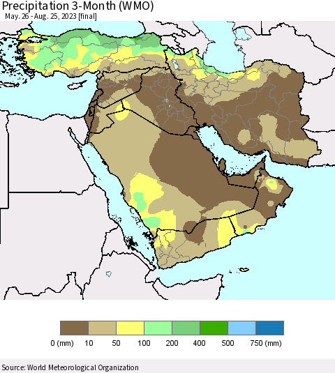 Middle East and Turkey Precipitation 3-Month (WMO) Thematic Map For 5/26/2023 - 8/25/2023