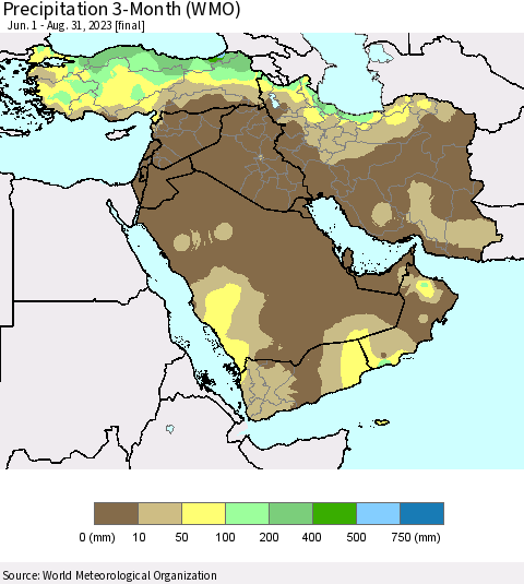 Middle East and Turkey Precipitation 3-Month (WMO) Thematic Map For 6/1/2023 - 8/31/2023