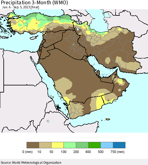 Middle East and Turkey Precipitation 3-Month (WMO) Thematic Map For 6/6/2023 - 9/5/2023