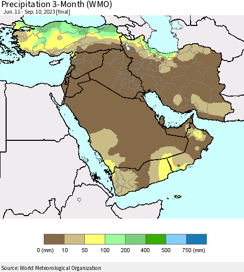Middle East and Turkey Precipitation 3-Month (WMO) Thematic Map For 6/11/2023 - 9/10/2023