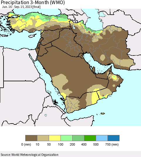 Middle East and Turkey Precipitation 3-Month (WMO) Thematic Map For 6/16/2023 - 9/15/2023