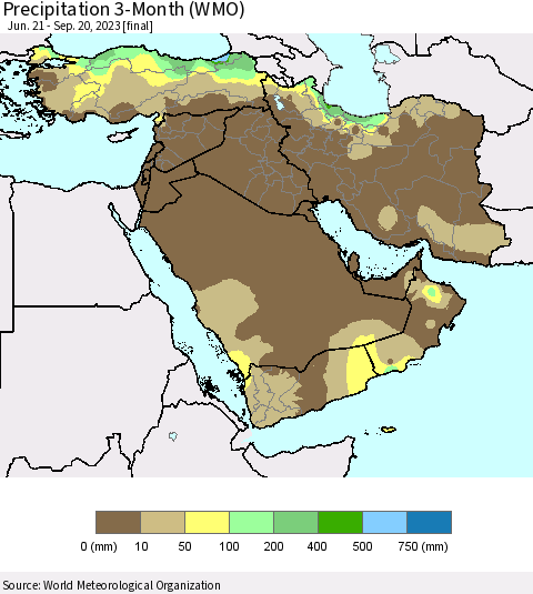 Middle East and Turkey Precipitation 3-Month (WMO) Thematic Map For 6/21/2023 - 9/20/2023