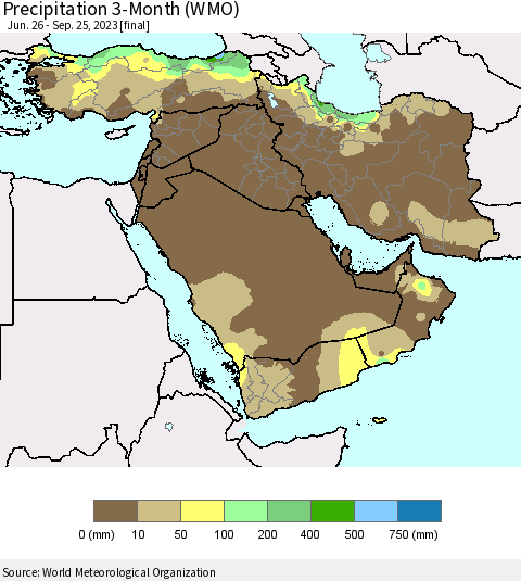 Middle East and Turkey Precipitation 3-Month (WMO) Thematic Map For 6/26/2023 - 9/25/2023