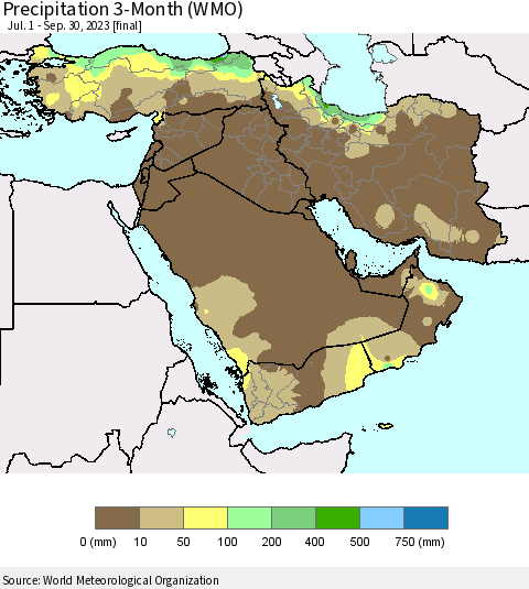 Middle East and Turkey Precipitation 3-Month (WMO) Thematic Map For 7/1/2023 - 9/30/2023