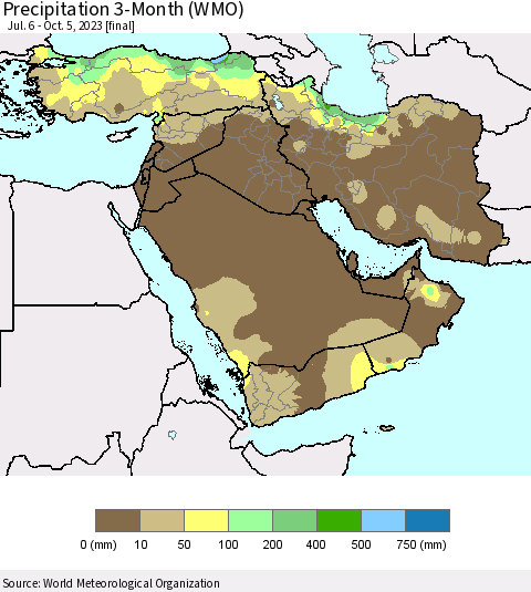 Middle East and Turkey Precipitation 3-Month (WMO) Thematic Map For 7/6/2023 - 10/5/2023