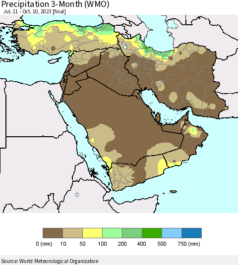 Middle East and Turkey Precipitation 3-Month (WMO) Thematic Map For 7/11/2023 - 10/10/2023