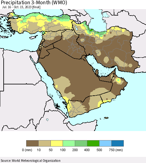 Middle East and Turkey Precipitation 3-Month (WMO) Thematic Map For 7/16/2023 - 10/15/2023