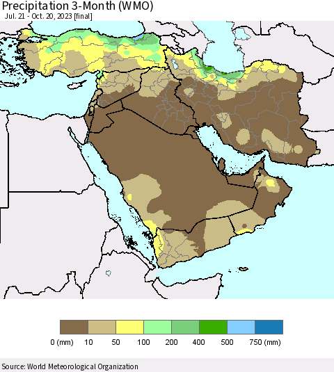 Middle East and Turkey Precipitation 3-Month (WMO) Thematic Map For 7/21/2023 - 10/20/2023