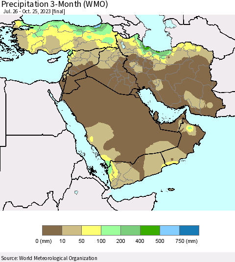Middle East and Turkey Precipitation 3-Month (WMO) Thematic Map For 7/26/2023 - 10/25/2023