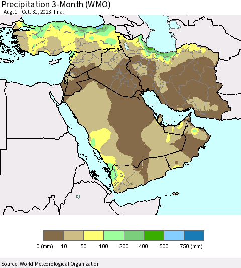 Middle East and Turkey Precipitation 3-Month (WMO) Thematic Map For 8/1/2023 - 10/31/2023