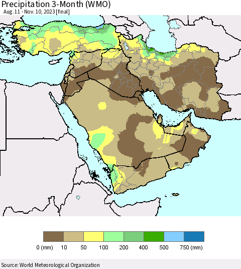 Middle East and Turkey Precipitation 3-Month (WMO) Thematic Map For 8/11/2023 - 11/10/2023