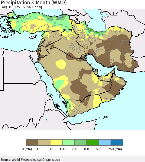 Middle East and Turkey Precipitation 3-Month (WMO) Thematic Map For 8/16/2023 - 11/15/2023