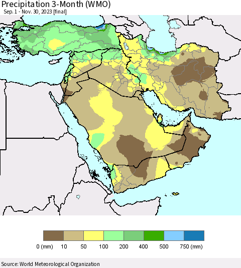Middle East and Turkey Precipitation 3-Month (WMO) Thematic Map For 9/1/2023 - 11/30/2023