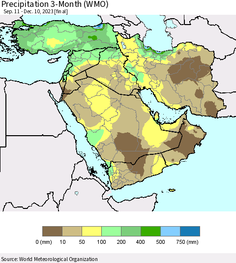 Middle East and Turkey Precipitation 3-Month (WMO) Thematic Map For 9/11/2023 - 12/10/2023