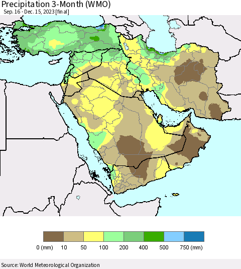 Middle East and Turkey Precipitation 3-Month (WMO) Thematic Map For 9/16/2023 - 12/15/2023