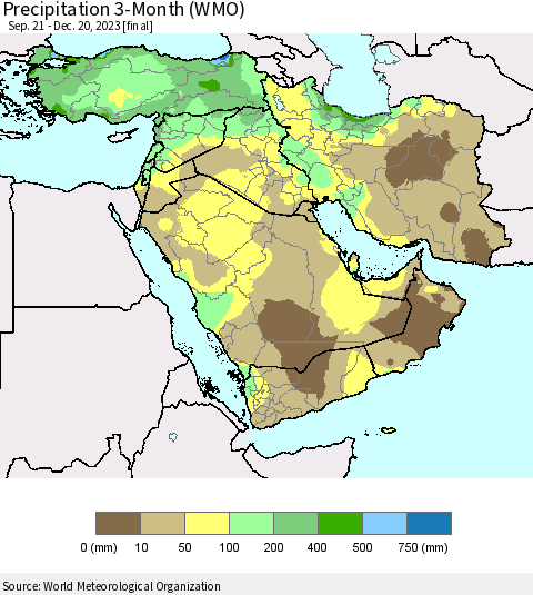 Middle East and Turkey Precipitation 3-Month (WMO) Thematic Map For 9/21/2023 - 12/20/2023