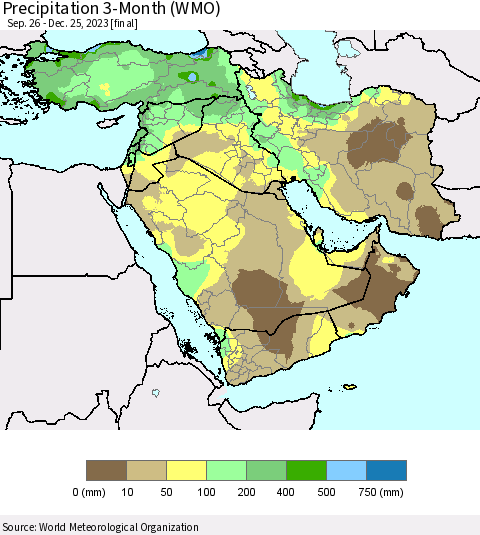 Middle East and Turkey Precipitation 3-Month (WMO) Thematic Map For 9/26/2023 - 12/25/2023