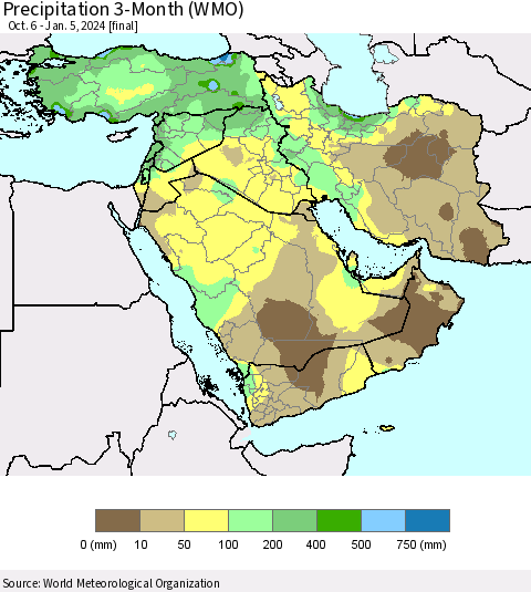 Middle East and Turkey Precipitation 3-Month (WMO) Thematic Map For 10/6/2023 - 1/5/2024