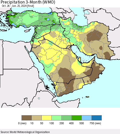 Middle East and Turkey Precipitation 3-Month (WMO) Thematic Map For 10/26/2023 - 1/25/2024