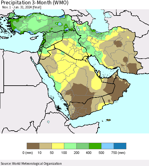 Middle East and Turkey Precipitation 3-Month (WMO) Thematic Map For 11/1/2023 - 1/31/2024