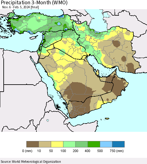 Middle East and Turkey Precipitation 3-Month (WMO) Thematic Map For 11/6/2023 - 2/5/2024