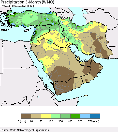 Middle East and Turkey Precipitation 3-Month (WMO) Thematic Map For 11/11/2023 - 2/10/2024