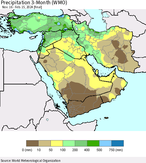 Middle East and Turkey Precipitation 3-Month (WMO) Thematic Map For 11/16/2023 - 2/15/2024