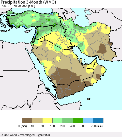 Middle East and Turkey Precipitation 3-Month (WMO) Thematic Map For 11/21/2023 - 2/20/2024