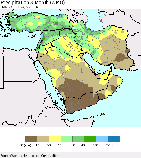 Middle East and Turkey Precipitation 3-Month (WMO) Thematic Map For 11/26/2023 - 2/25/2024