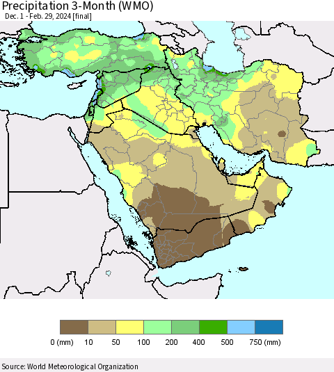 Middle East and Turkey Precipitation 3-Month (WMO) Thematic Map For 12/1/2023 - 2/29/2024