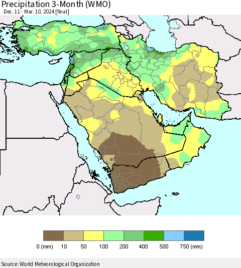 Middle East and Turkey Precipitation 3-Month (WMO) Thematic Map For 12/11/2023 - 3/10/2024