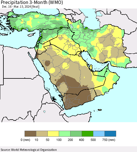 Middle East and Turkey Precipitation 3-Month (WMO) Thematic Map For 12/16/2023 - 3/15/2024