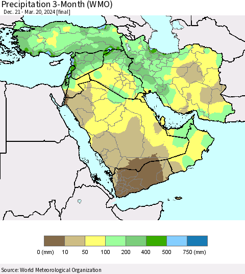 Middle East and Turkey Precipitation 3-Month (WMO) Thematic Map For 12/21/2023 - 3/20/2024