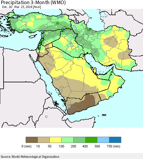 Middle East and Turkey Precipitation 3-Month (WMO) Thematic Map For 12/26/2023 - 3/25/2024