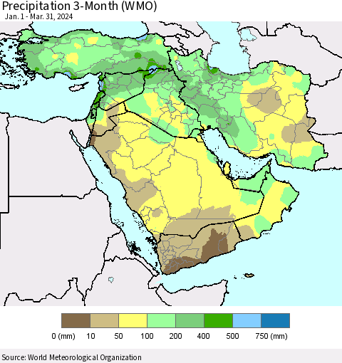 Middle East and Turkey Precipitation 3-Month (WMO) Thematic Map For 1/1/2024 - 3/31/2024