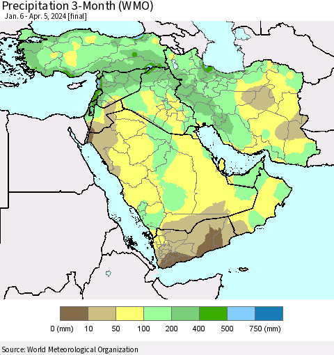 Middle East and Turkey Precipitation 3-Month (WMO) Thematic Map For 1/6/2024 - 4/5/2024