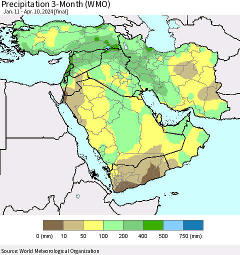 Middle East and Turkey Precipitation 3-Month (WMO) Thematic Map For 1/11/2024 - 4/10/2024