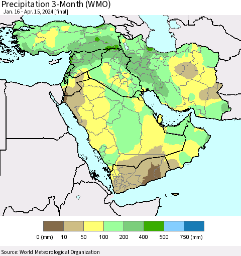 Middle East and Turkey Precipitation 3-Month (WMO) Thematic Map For 1/16/2024 - 4/15/2024