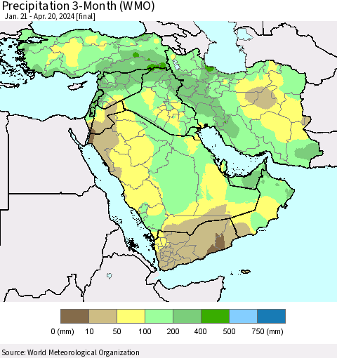 Middle East and Turkey Precipitation 3-Month (WMO) Thematic Map For 1/21/2024 - 4/20/2024