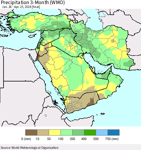 Middle East and Turkey Precipitation 3-Month (WMO) Thematic Map For 1/26/2024 - 4/25/2024