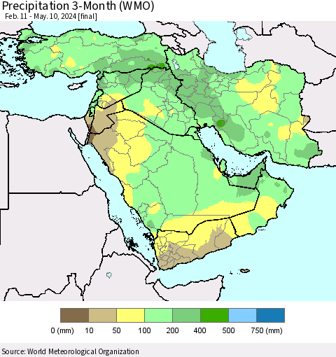 Middle East and Turkey Precipitation 3-Month (WMO) Thematic Map For 2/11/2024 - 5/10/2024