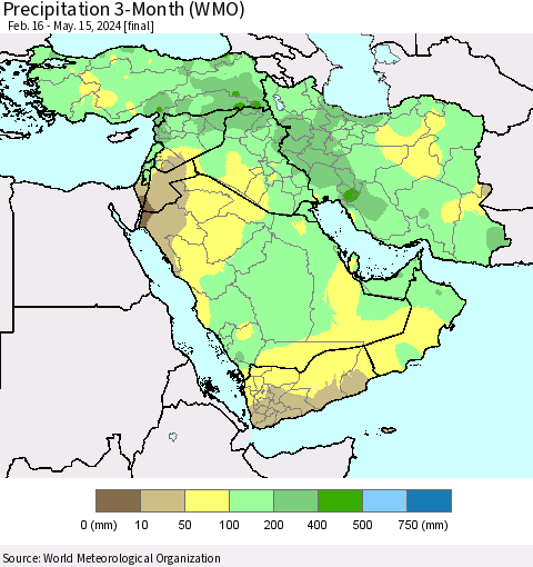 Middle East and Turkey Precipitation 3-Month (WMO) Thematic Map For 2/16/2024 - 5/15/2024