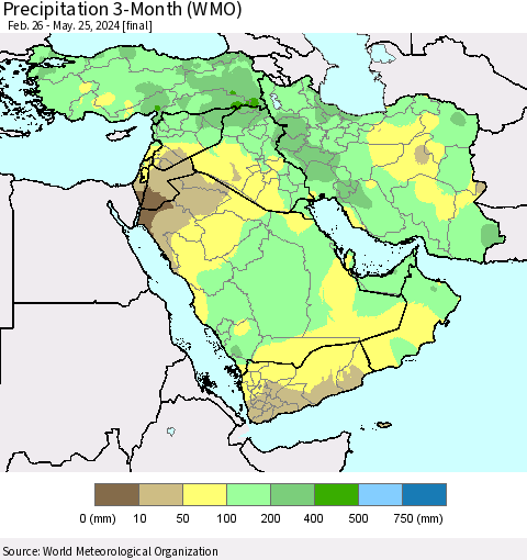 Middle East and Turkey Precipitation 3-Month (WMO) Thematic Map For 2/26/2024 - 5/25/2024