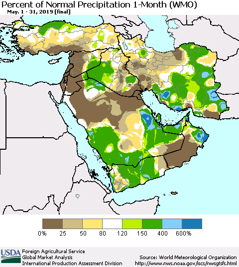 Middle East and Turkey Percent of Normal Precipitation 1-Month (WMO) Thematic Map For 5/1/2019 - 5/31/2019