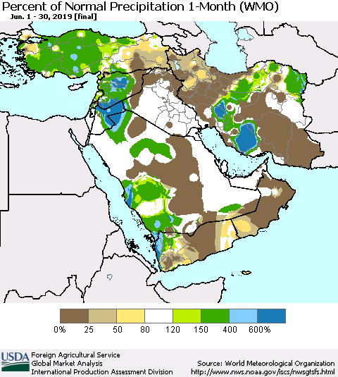 Middle East and Turkey Percent of Normal Precipitation 1-Month (WMO) Thematic Map For 6/1/2019 - 6/30/2019
