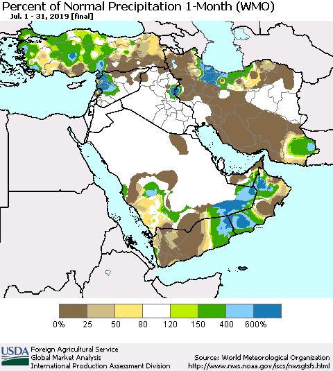 Middle East and Turkey Percent of Normal Precipitation 1-Month (WMO) Thematic Map For 7/1/2019 - 7/31/2019