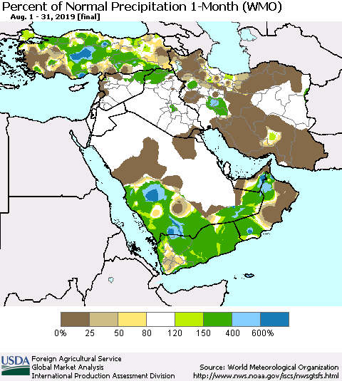 Middle East and Turkey Percent of Normal Precipitation 1-Month (WMO) Thematic Map For 8/1/2019 - 8/31/2019