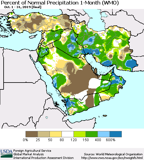 Middle East and Turkey Percent of Normal Precipitation 1-Month (WMO) Thematic Map For 10/1/2019 - 10/31/2019