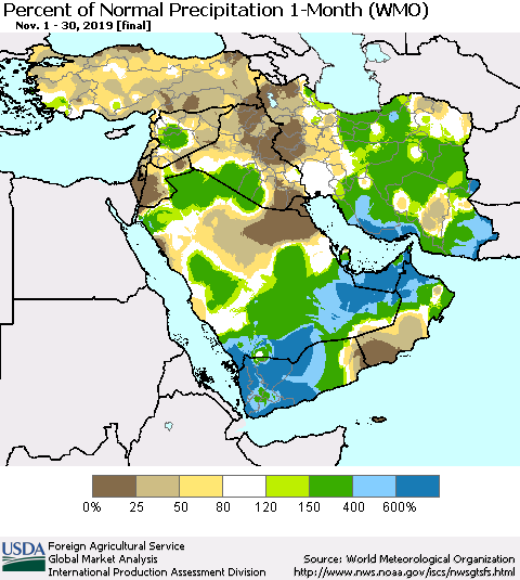 Middle East and Turkey Percent of Normal Precipitation 1-Month (WMO) Thematic Map For 11/1/2019 - 11/30/2019