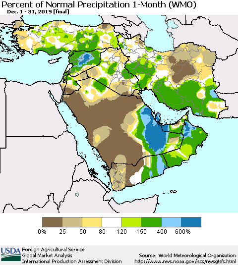 Middle East and Turkey Percent of Normal Precipitation 1-Month (WMO) Thematic Map For 12/1/2019 - 12/31/2019